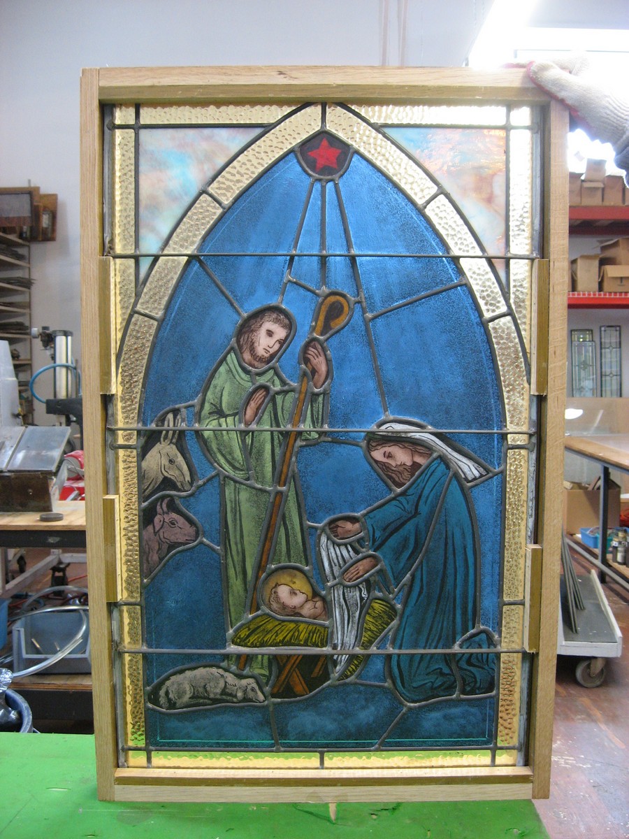Religous Design Panel Design Custom size leaded church panel in wood frame – Big M Art Glass & Studio